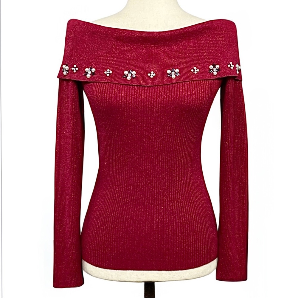 Lauren Michelle Vintage 90s Off The Shoulder Metallic Ribbed Knit Beaded Sweater
